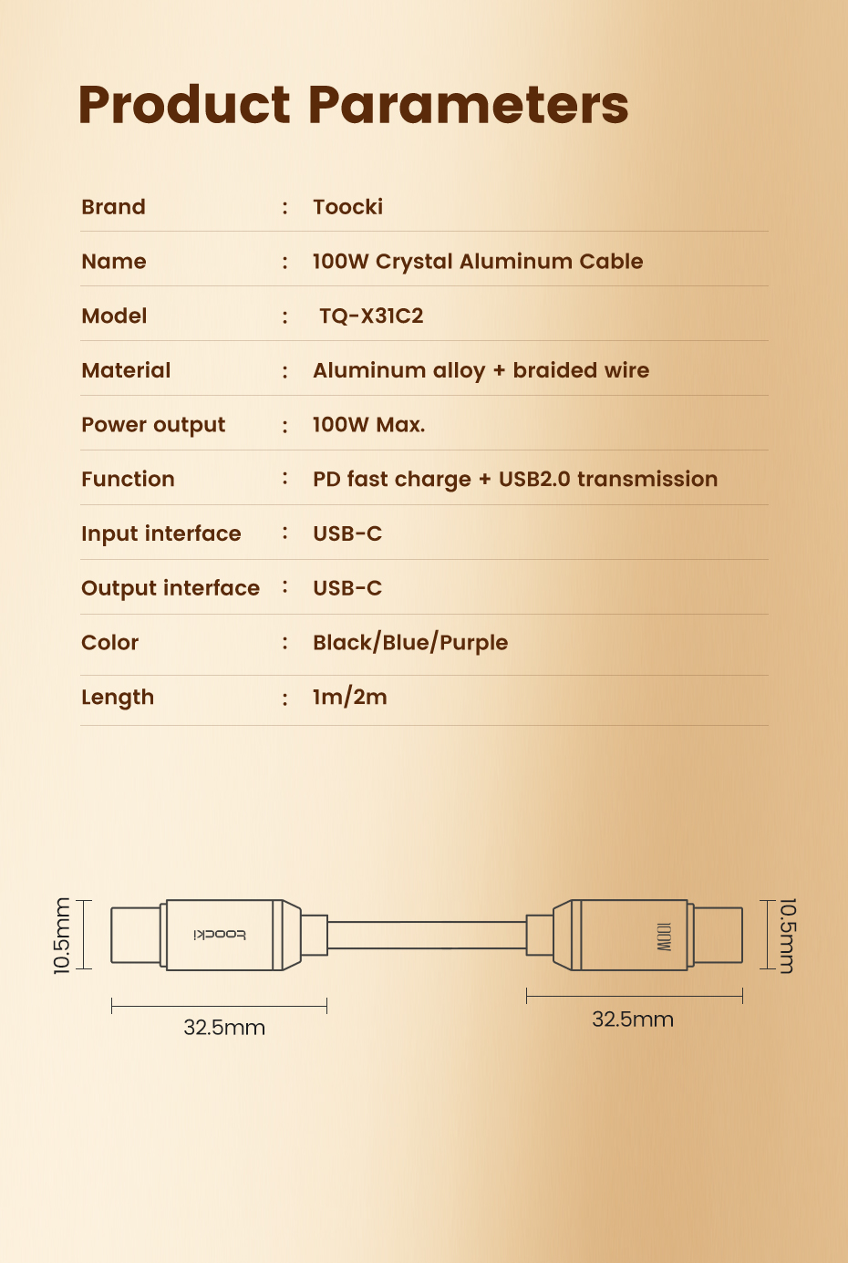 USB კაბელი Toocki Braided Cable Type-C to Type-C 100W Cable, 2M TXCTT1-SJA03, Blue