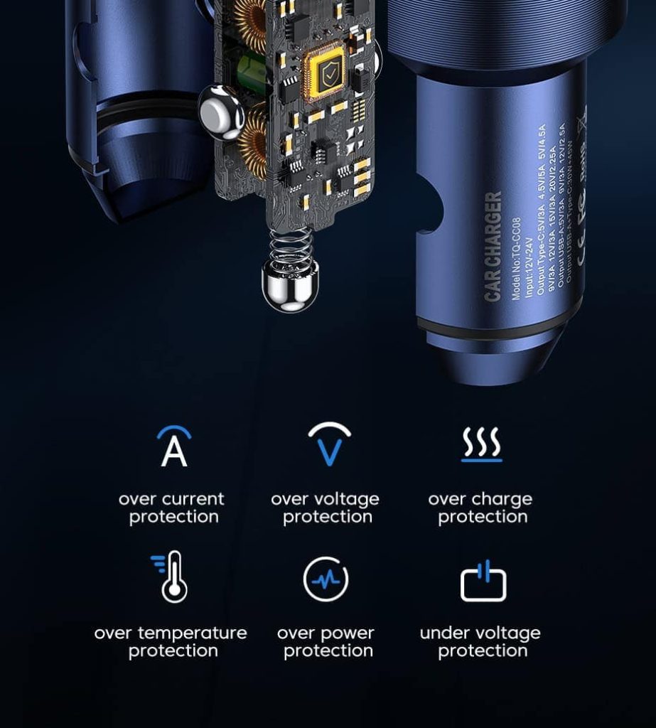 მანქანის USB დამტენი Toocki Dual USB Car Charger 75W, 1x USB C, 1x USB A, LED display, TCCAC HY03 Blu