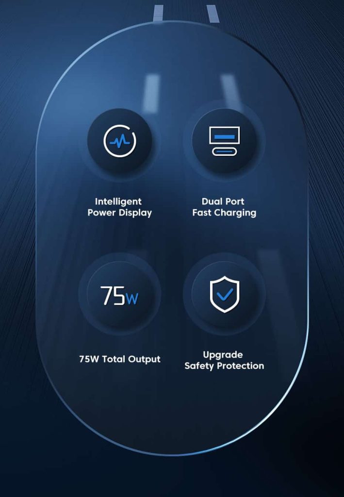 მანქანის USB დამტენი Toocki Dual USB Car Charger 75W, 1x USB C, 1x USB A, LED display, TCCAC HY03 Blue