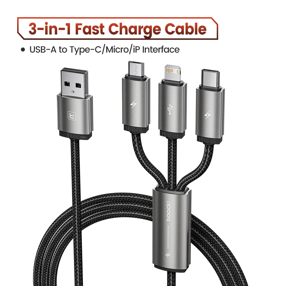 USB კაბელი Toocki USB To Micro USB, Lighting, Type-C cable 3 in 1 Cable, 1M TXCLCM-BL0G Black