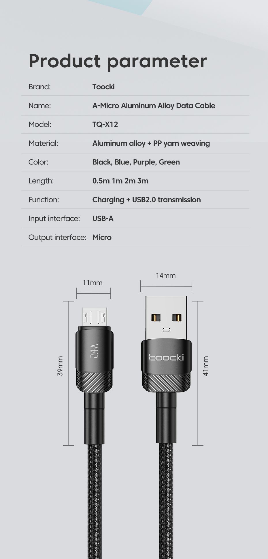 USB კაბელი Toocki Braided 2.4A USB To Micro USB Cable, 1M TXCM-HYC01 Black