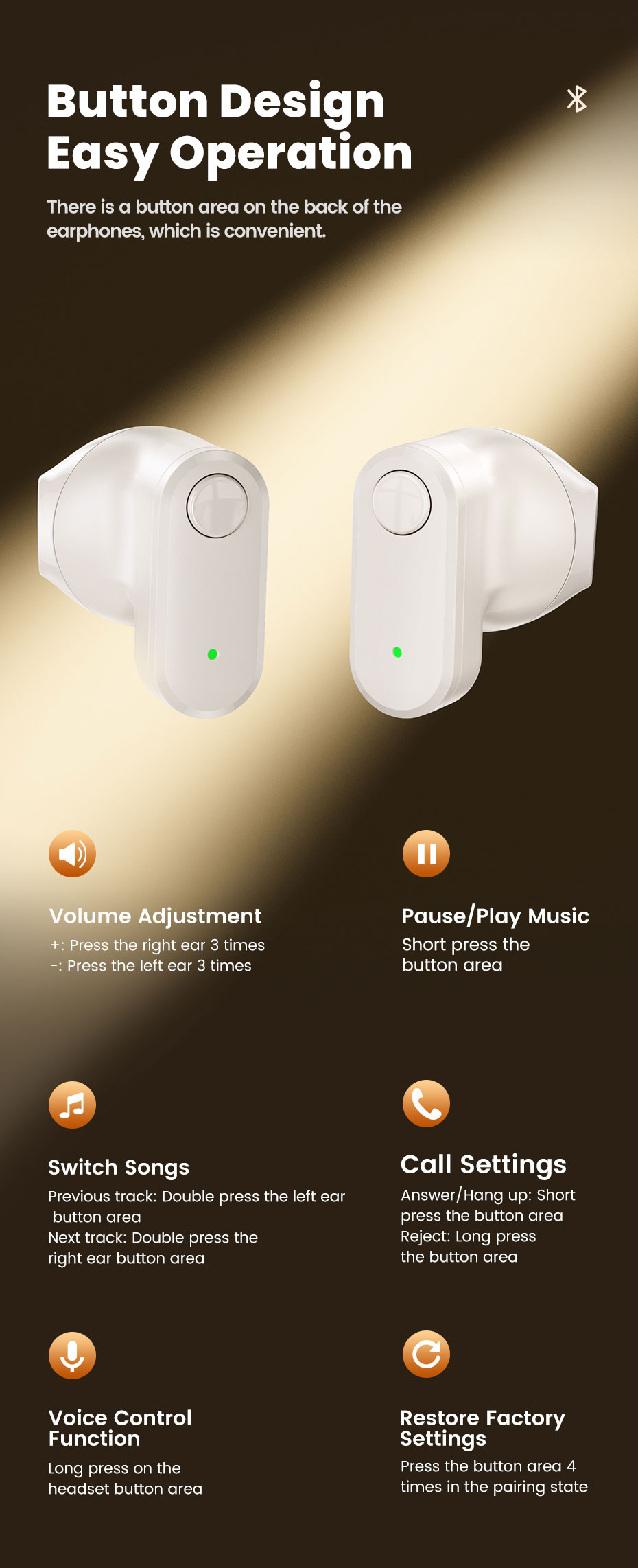 ყურსასმენი Toocki Wireless Bluetooth 5.3 Headphones 30Hrs Playtime Stereo in-Ear Earphones, TTWS-YYA0M, Beige