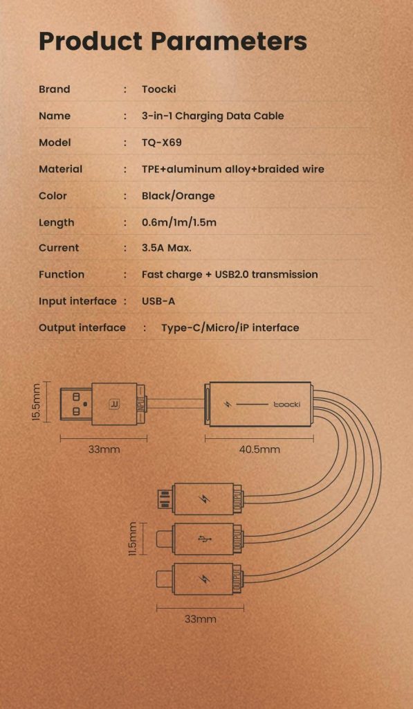 USB კაბელი Toocki USB To Micro USB, Lighting, Type C cable 3 in 1 Cable, 1M TXCLCM BL0G Bla