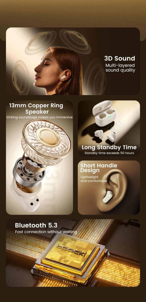 ყურსასმენი Toocki Wireless Bluetooth 5.3 Headphones 30Hrs Playtime Stereo in Ear Earphones, TTWS YYA0M,