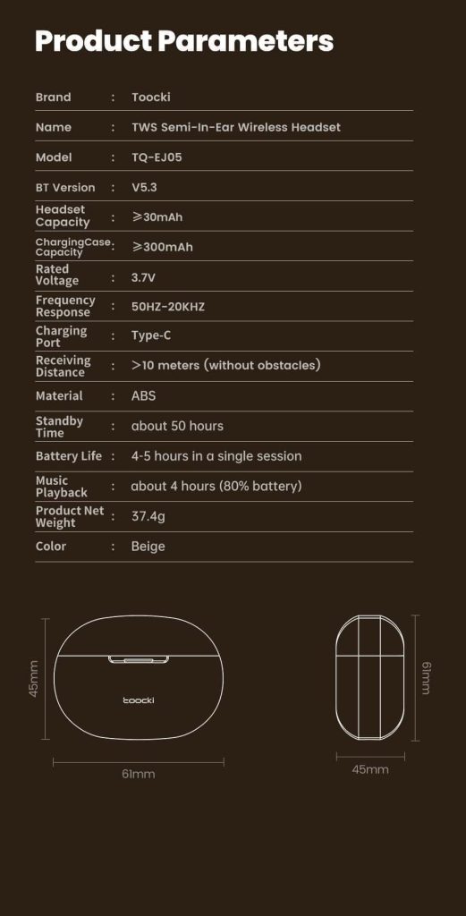 ყურსასმენი Toocki Wireless Bluetooth 5.3 Headphones 30Hrs Playtime Stereo in Ear Earphones, TTWS YYA0M, B