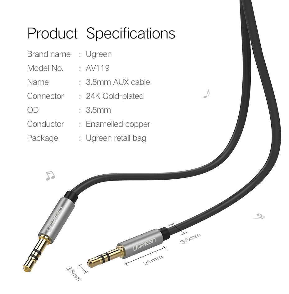 AUX კაბელი UGREEN AV119 (10732) 3.5mm Male to 3.5mm Male Cable 0.5m (Black)