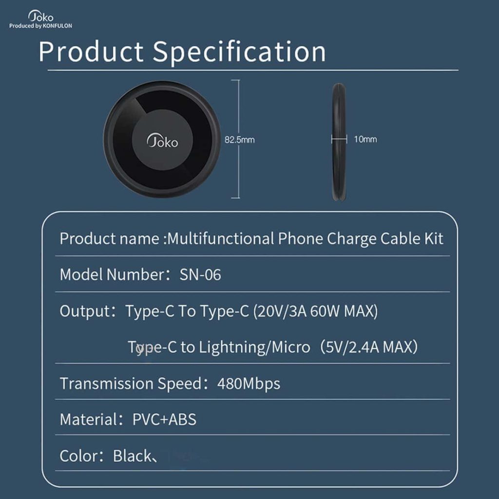 JOKO USB ადაპტერი Storage Box, Multifunctional Data Cable Set, SN06