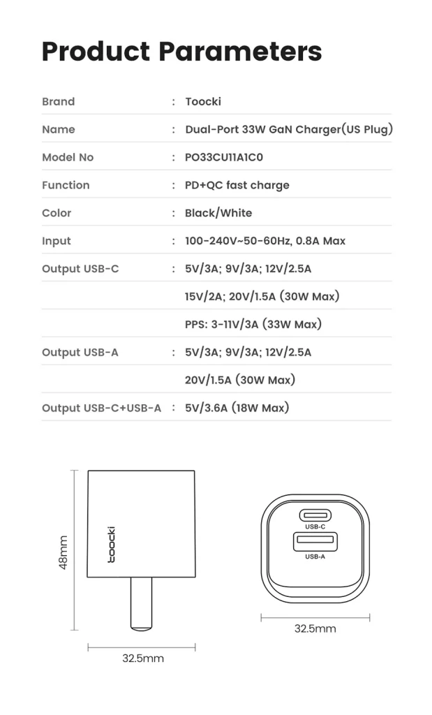 USB C დამტენი Toocki Usb C GaN PD Charger 33W USB, Type C Charger, TCTAC JCB01,