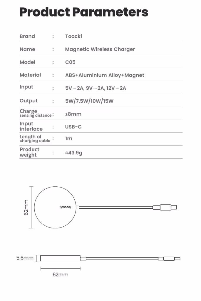 უსადენო დამტენი Toocki Portable Mobile Phone Charger Magnetic, Wireless Charger 15W, TCWX-FZ02, Gray