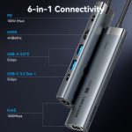 დოქ სადგური Vention TGNHB 6-in-1 USB-C 4K/60Hz Docking Station 5Gbps 100W PD 0.15m Gray Aluminum