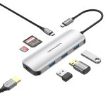 დოქ სადგური Vention TOJHB 7-in-1 USB-C 4K/30Hz Docking Station 5Gbps 100W PD 0.15m Gray Aluminum