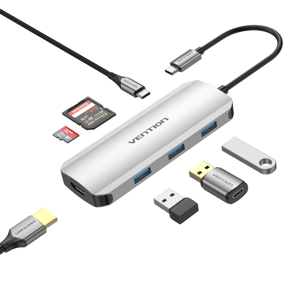 დოქ სადგური Vention TOJHB 7-in-1 USB-C 4K/30Hz Docking Station 5Gbps 100W PD 0.15m Gray Aluminum