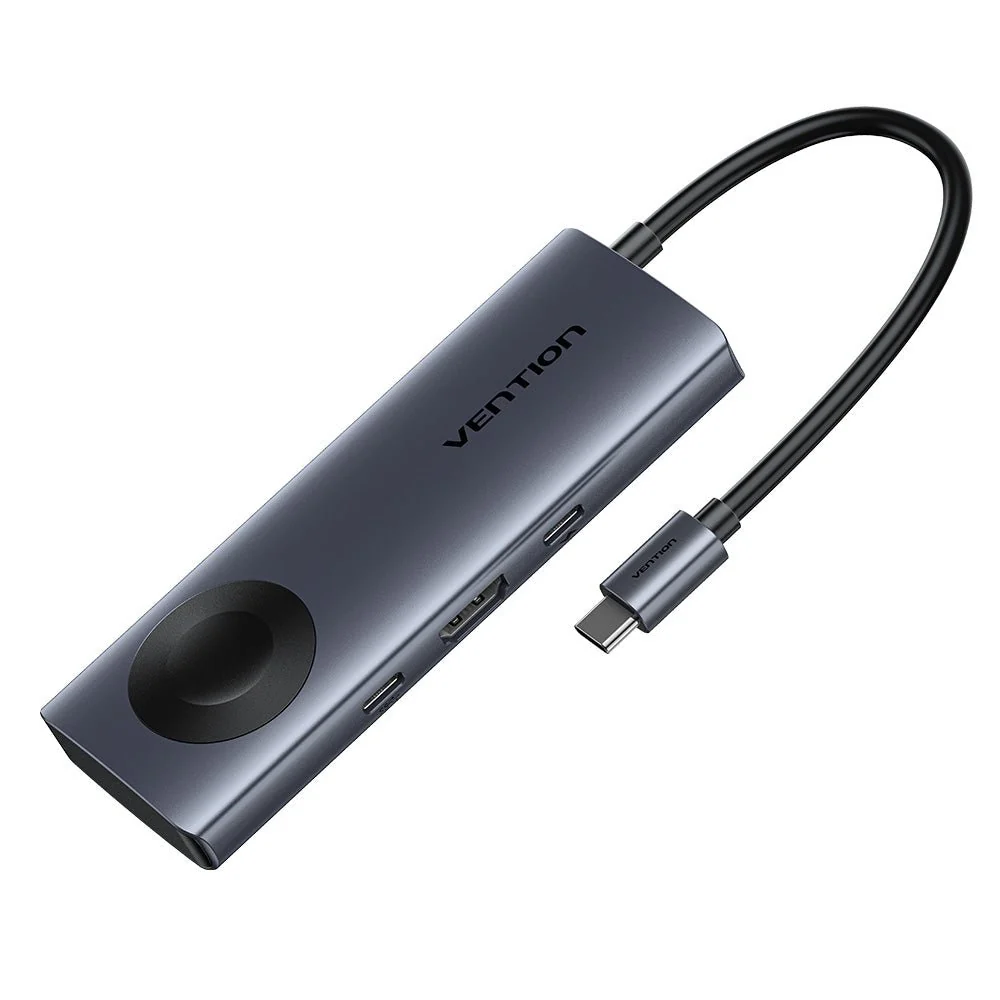 დოქ სადგური Vention TPMHB 6-in-1 USB-C 4K/60Hz Wireles Charging Docking Station 5Gbps 100W PD 0.11m Gray Aluminum