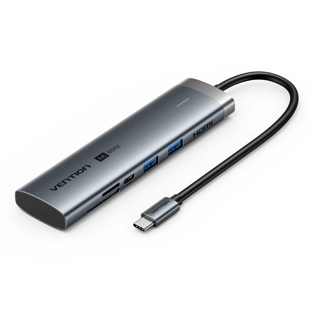 დოქ სადგური Vention TPSHB 7-in-1 USB-C 4K/60Hz Docking Station 5Gbps 100W PD 0.15m Gray Aluminum