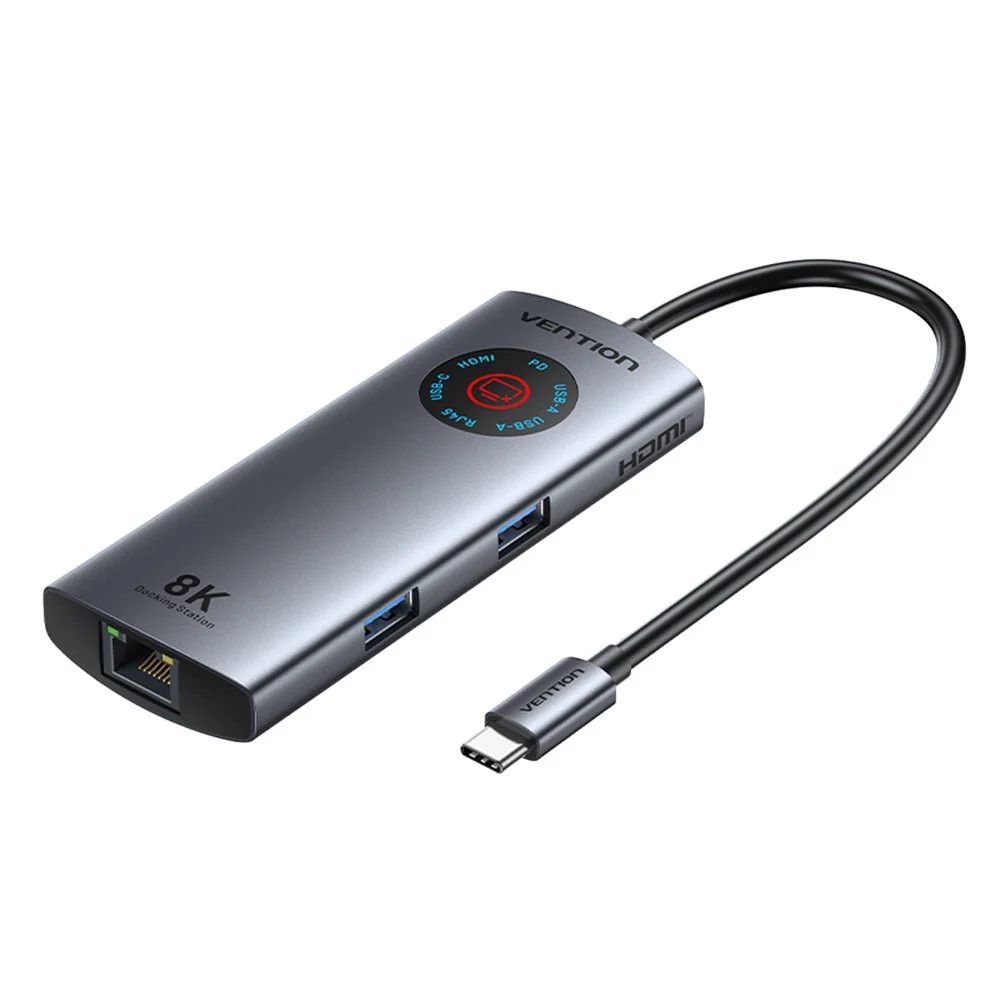 დოქ სადგური Vention TQZHB 6-in-1 USB-C 8K/30Hz Docking Station 5Gbps 100W PD With Smart Led Display 0.15m Aluminum