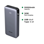 პორტატული დამტენი UGREEN PB532 (55989B), 20000mAh, 30W, Type-C, USB, Fast Charging Power Bank, Grey
