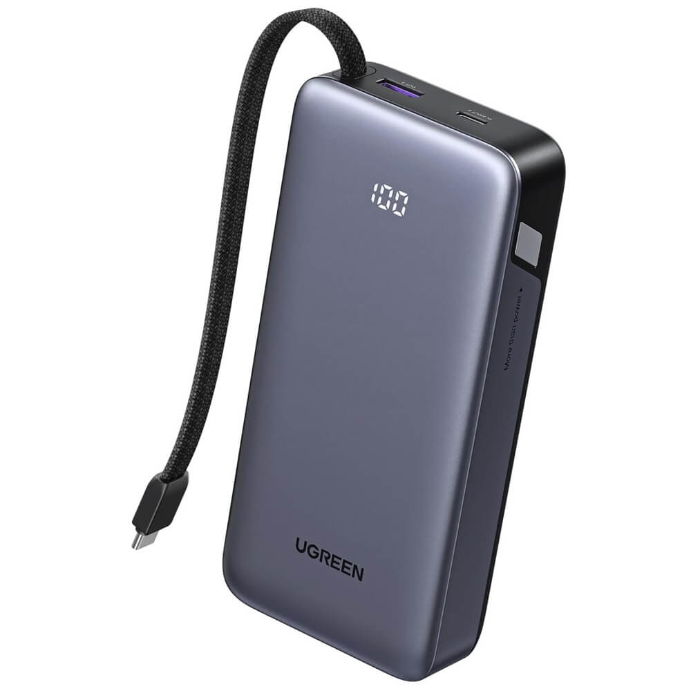 პორტატული დამტენი UGREEN PB536 (55988B), 20000mAh, 45W, Type-C, USB, Power Bank With Built-in Cable, Grey