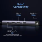 USB ჰაბი UGREEN CM475 (60554), USB, Type-C, LAN, HUB, Grey